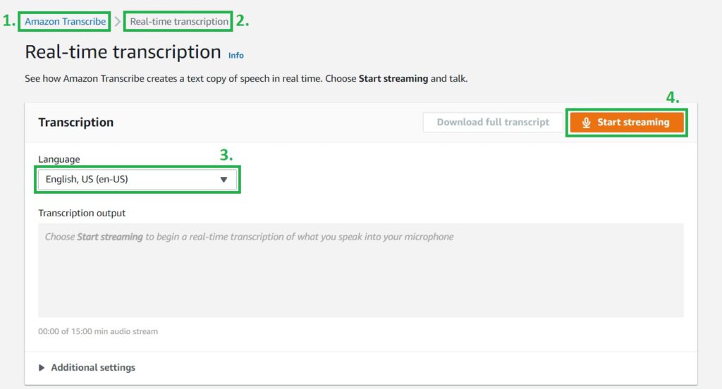 Demonstrating steps for doing Real-time transcription using Amazon Transcribe from AWS Management Console