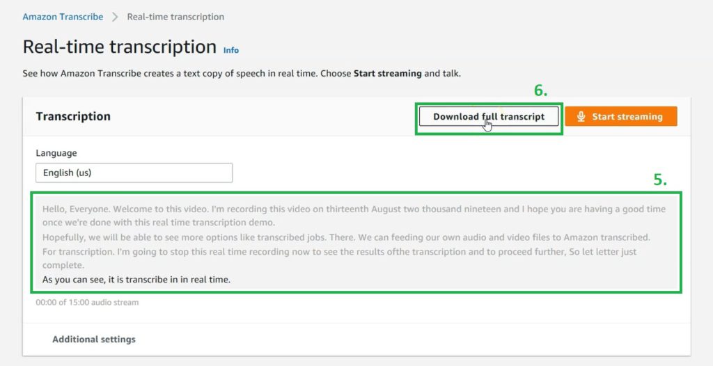 Demonstrating how to download Real-time transcription output generated by Amazon Transcribe from AWS Management Console