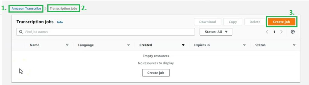 Demonstrating steps to create a Transcription Job using Amazon Transcribe from AWS Management Console