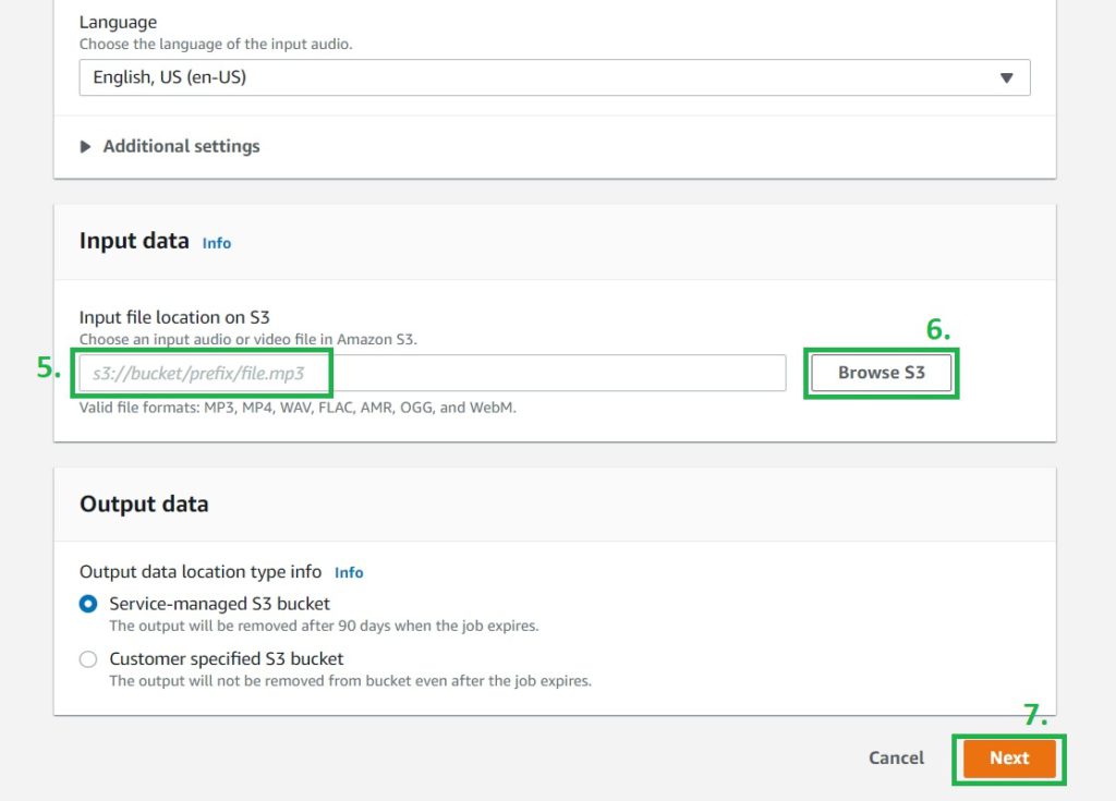 Demonstrating steps to create a Transcription Job using Amazon Transcribe from AWS Management Console, Specifying job details, Showing where to put S3 path of media file to be transcribed