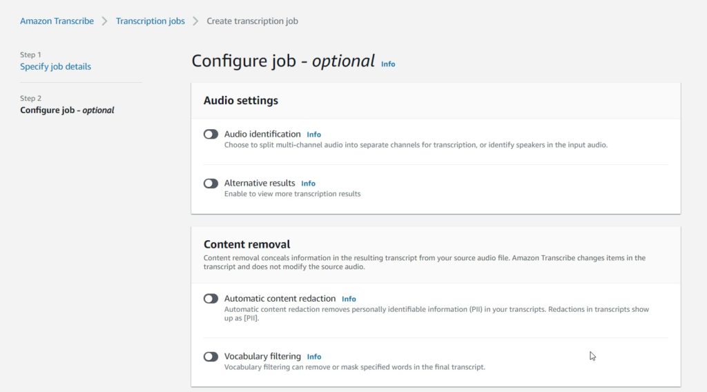 Demonstrating steps to create a Transcription Job using Amazon Transcribe from AWS Management Console, Showing optional details while configuring a transcription job