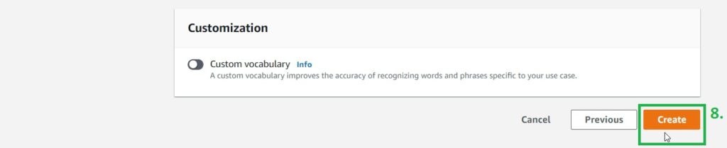 Demonstrating steps to create a Transcription Job using Amazon Transcribe from AWS Management Console, Showing optional details while configuring a transcription job