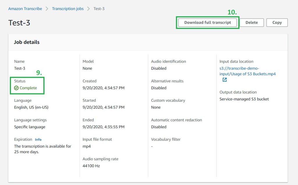 Demonstrating steps to create a Transcription Job using Amazon Transcribe from AWS Management Console, Showing how to download the transcription output generated by Amazon Transcribe from Console