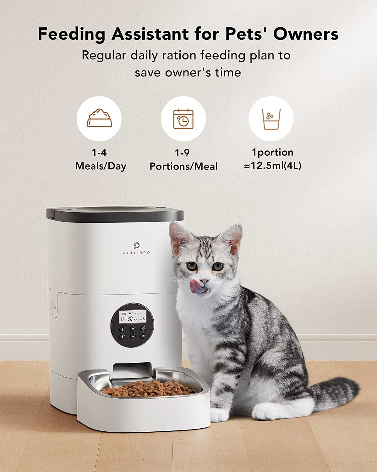 This poster showcases the PETLIBRO Automatic Pet Feeders For Cats & Dogs with it's number of meals per day with size and quantity it can hold and serve, Image has a Cute White/Black Cat standing next to PETLIBRO Pet Feeder having dispensed meal from the unit and Cat liking it by licking her lips and showing long tongue as she is happy to get served by this product.